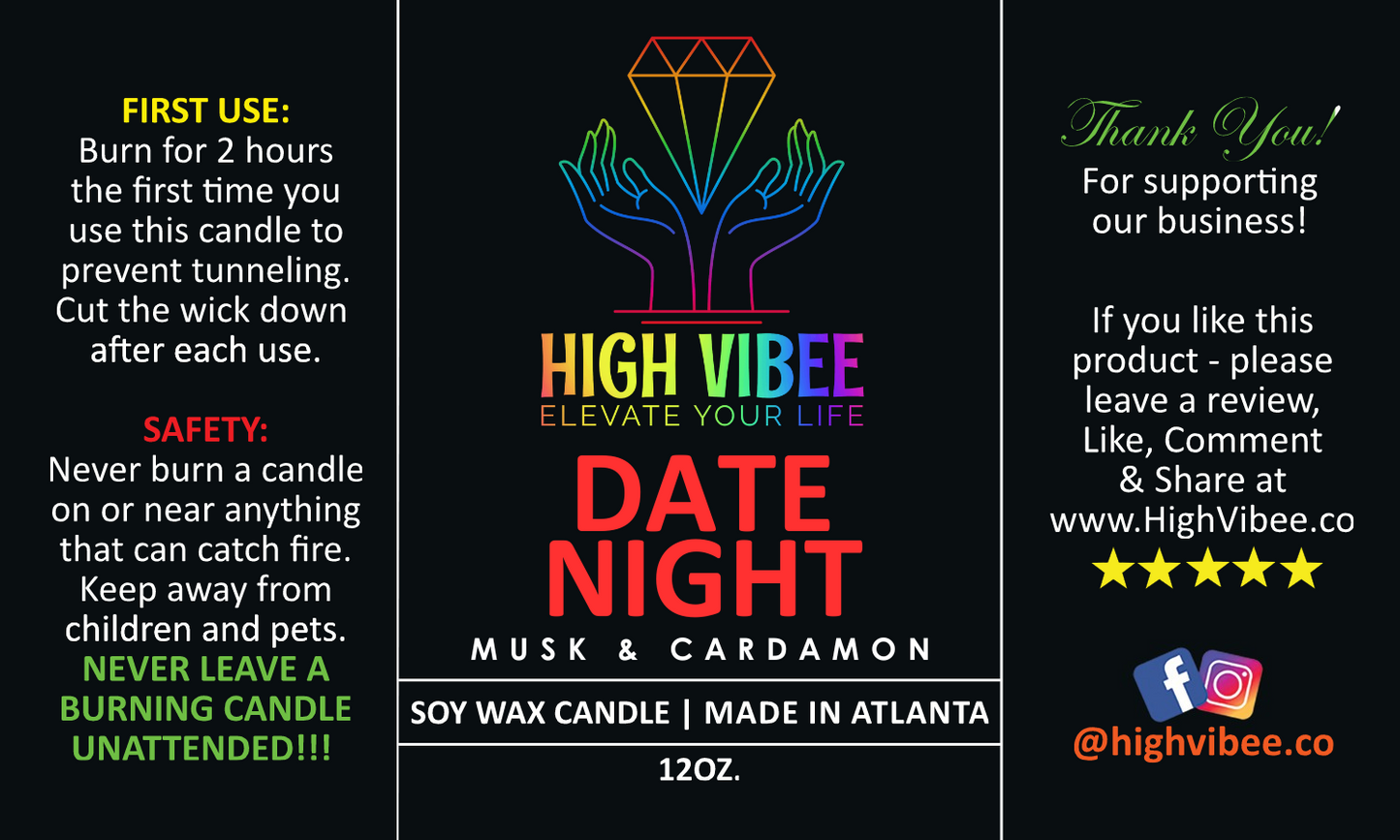 - This is a photo of High Vibee's Date Night candle label.