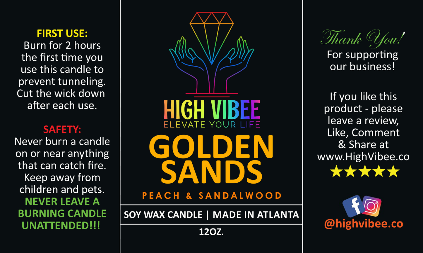 This is a photo of High Vibee’s “Golden Sands” candle label.