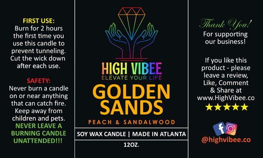 This is a photo of High Vibee’s “Golden Sands” candle label.
