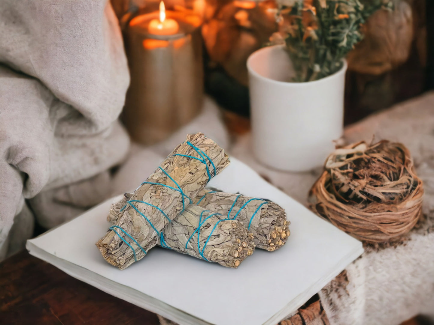 In this photo, High Vibee's “White Sage" is shown in front of a cozy fireplace.