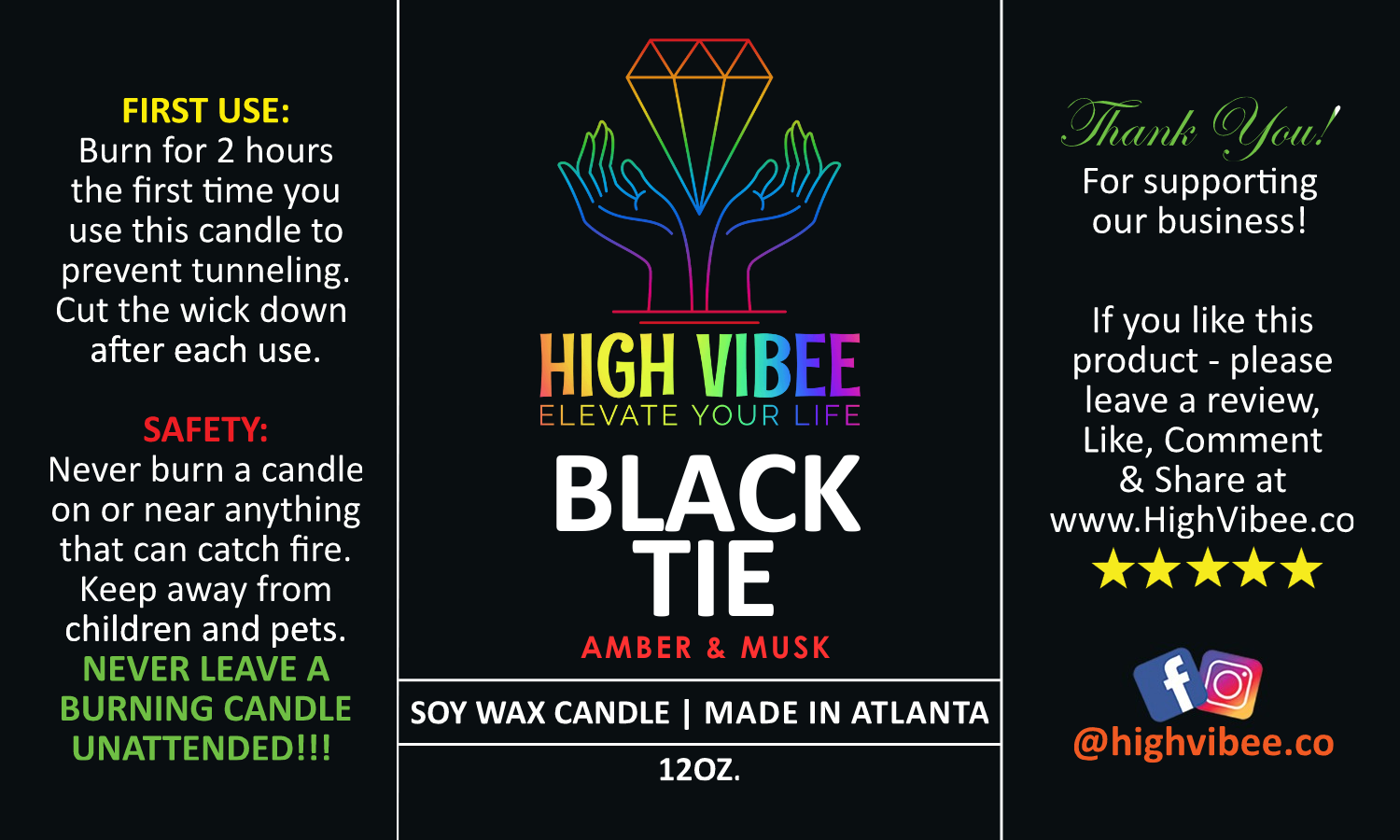 This is a photo of High Vibe's Black Tie candle label.