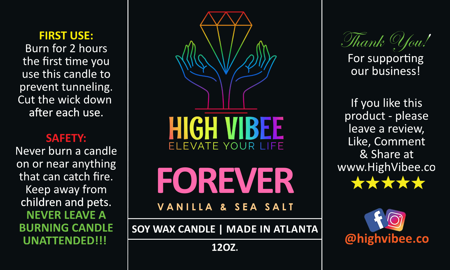 This is a photo of High Vibee’s “Forever” candle label.