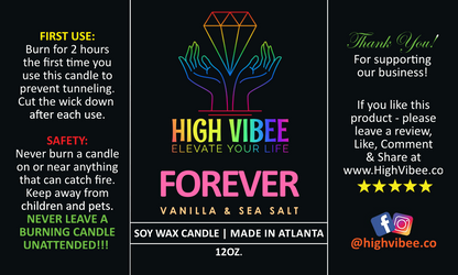 This is a photo of High Vibee’s “Forever” candle label.