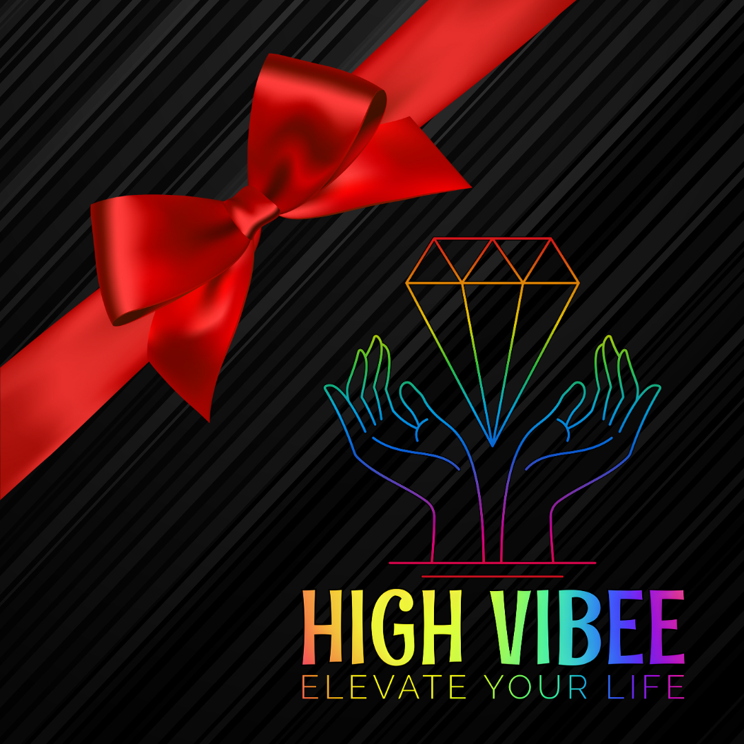 In this photo, there is a gift card for High Vibee with a red bow.