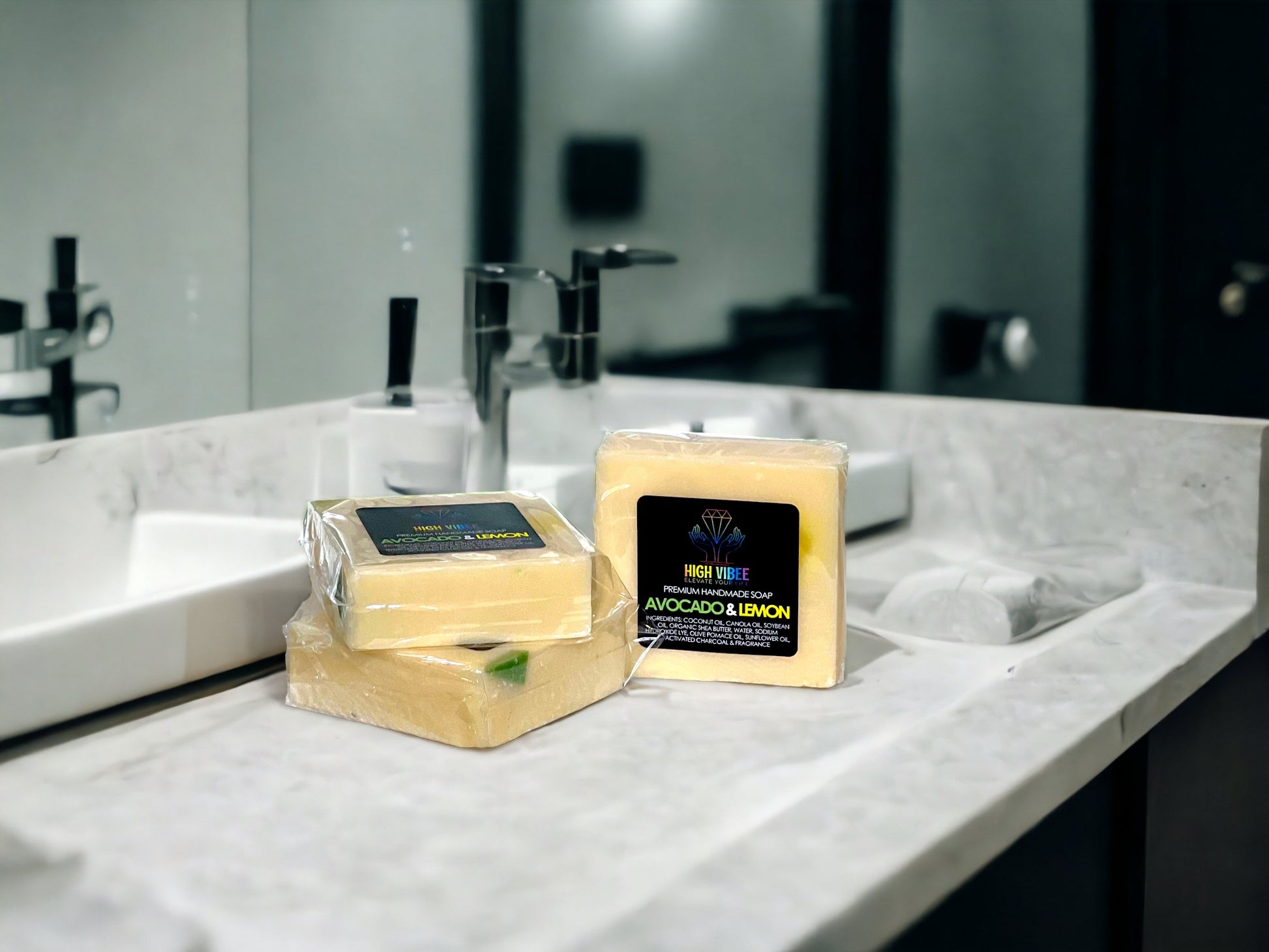 In the photo, a creme colored "Avocado & Lemon" High Vibe Soap has hints of yellow and green. In this photo the soap is seen on a beautiful bathroom countertop.