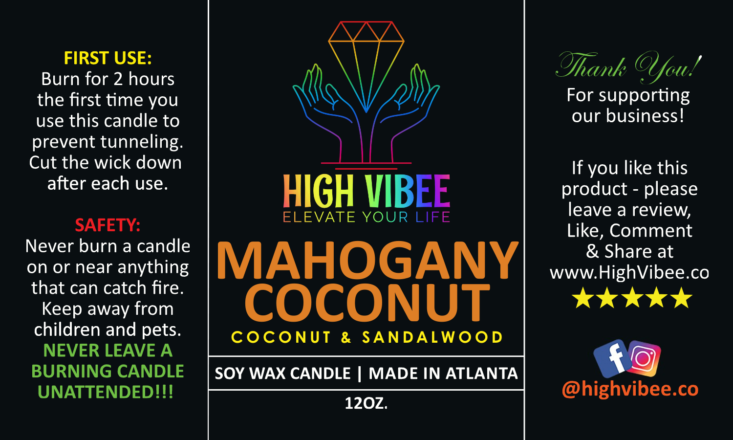 This is a photo of High Vibee’s “Mahogany Coconut” candle label.