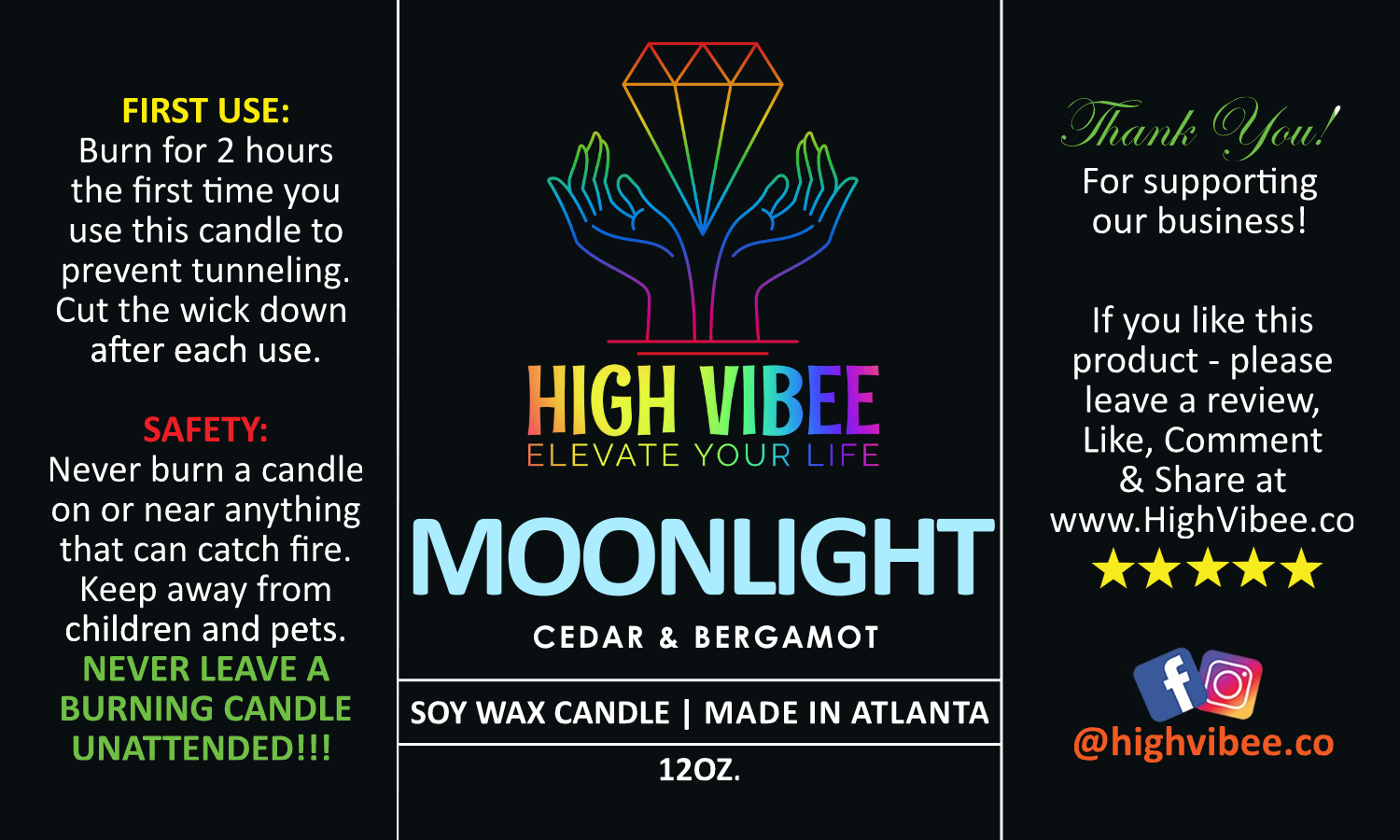 This is a photo of High Vibee’s “Moonlight” candle label.