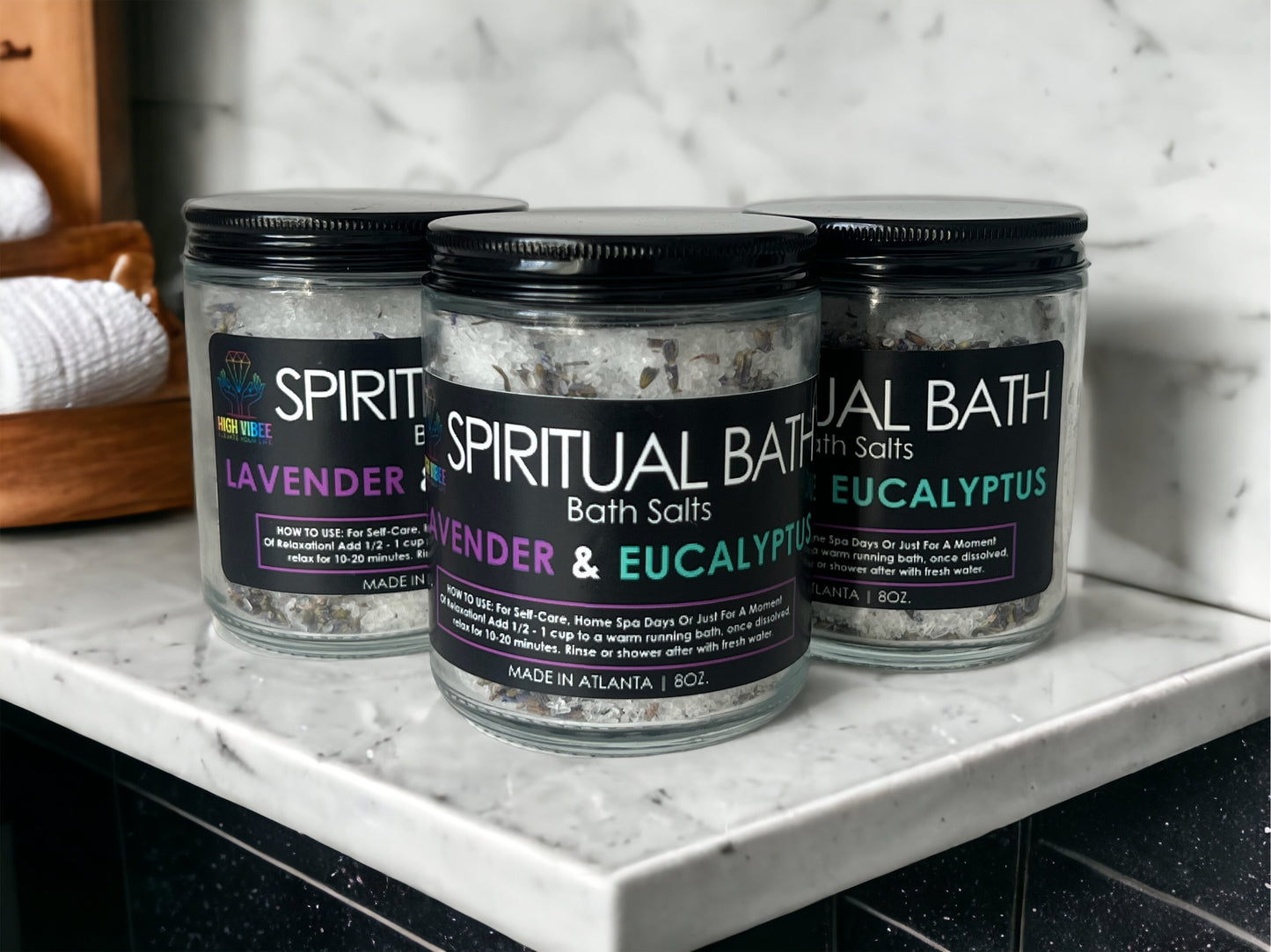 In this photo, High Vibee's "Lavender & Eucalyptus" Spiritual Bath Salt is shown.