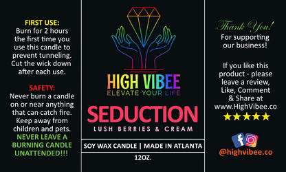 This is a photo of High Vibee’s “Seduction” candle label.