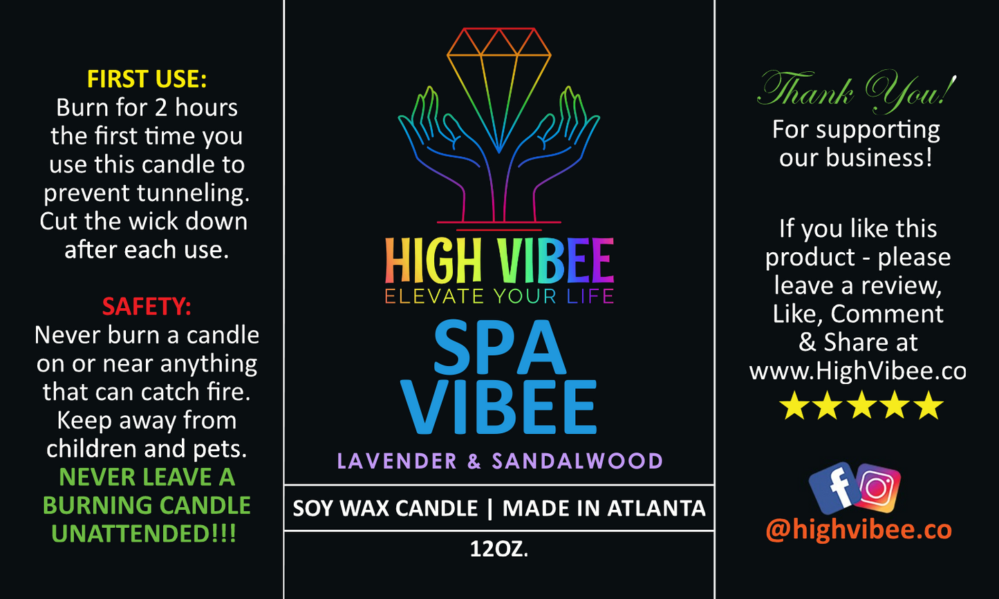 This is a photo of High Vibee’s “Spa Vibee” candle label.