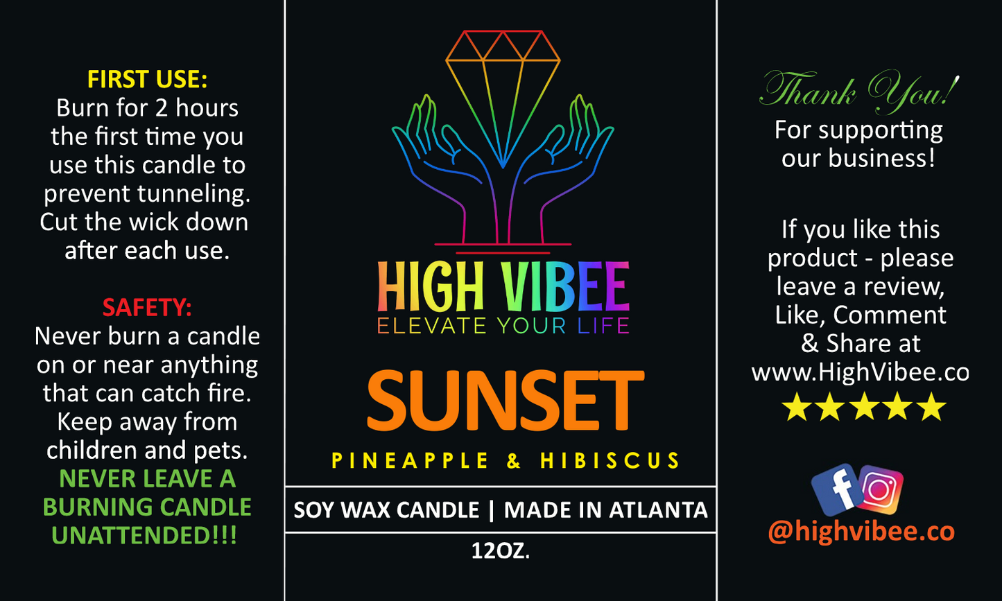 This is a photo of High Vibee’s “Sunset” candle label.