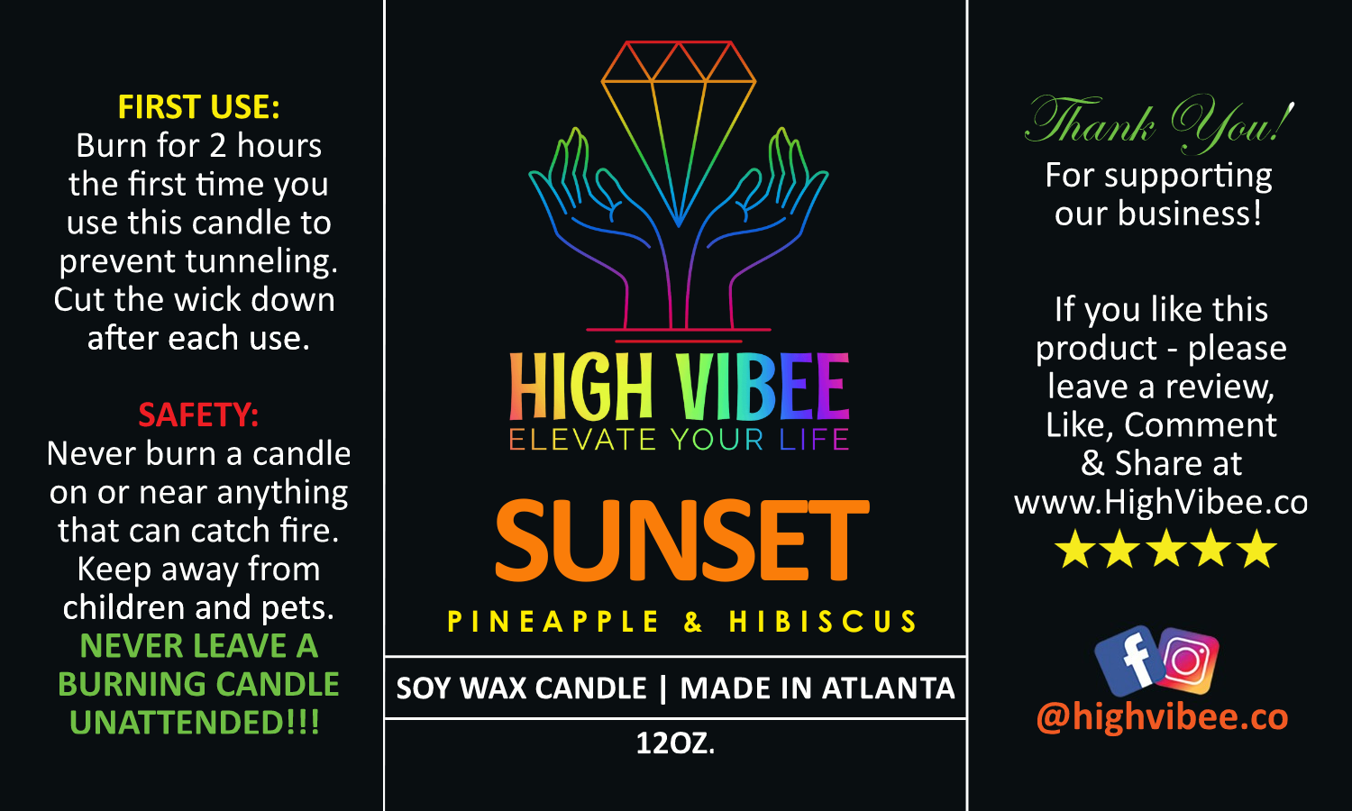 This is a photo of High Vibee’s “Sunset” candle label.