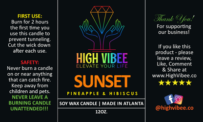 This is a photo of High Vibee’s “Sunset” candle label.