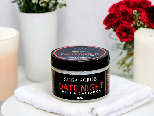 In this photo, there Is a jar of “Date Night” Sugar Scrub, scented with Musk & Cardamon.